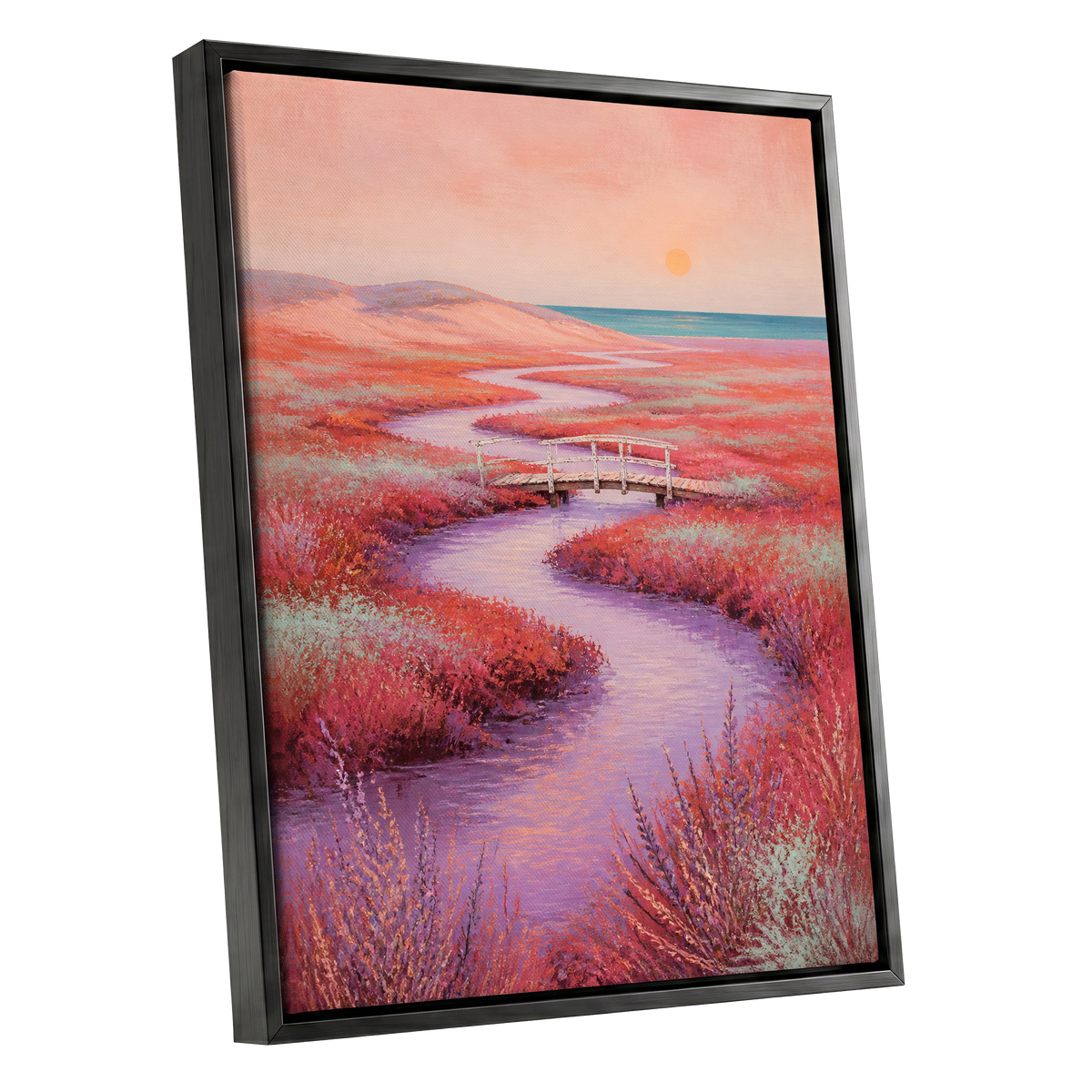 Coral Tide Crossing, pink, purple, orange nature wall art shown as a black framed canvas wall art