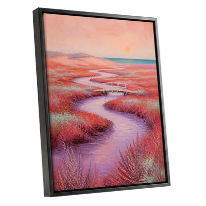 Coral Tide Crossing, pink, purple, orange nature wall art shown as a black framed canvas wall art