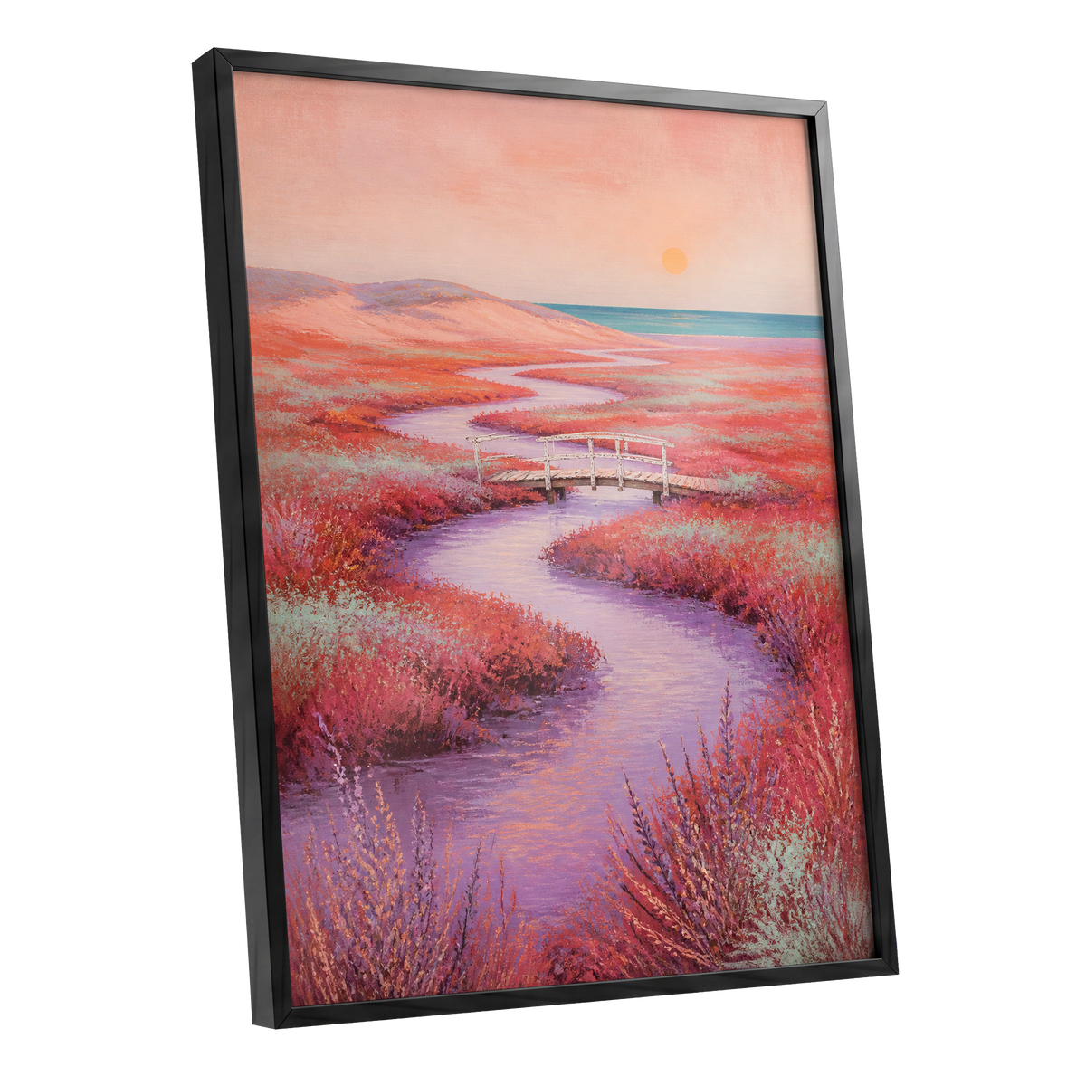 Coral Tide Crossing, pink, purple, orange nature wall art shown as a black framed poster wall art print