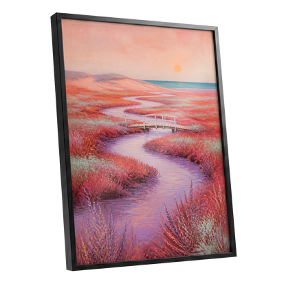 Coral Tide Crossing, pink, purple, orange nature wall art shown as a black framed poster wall art print