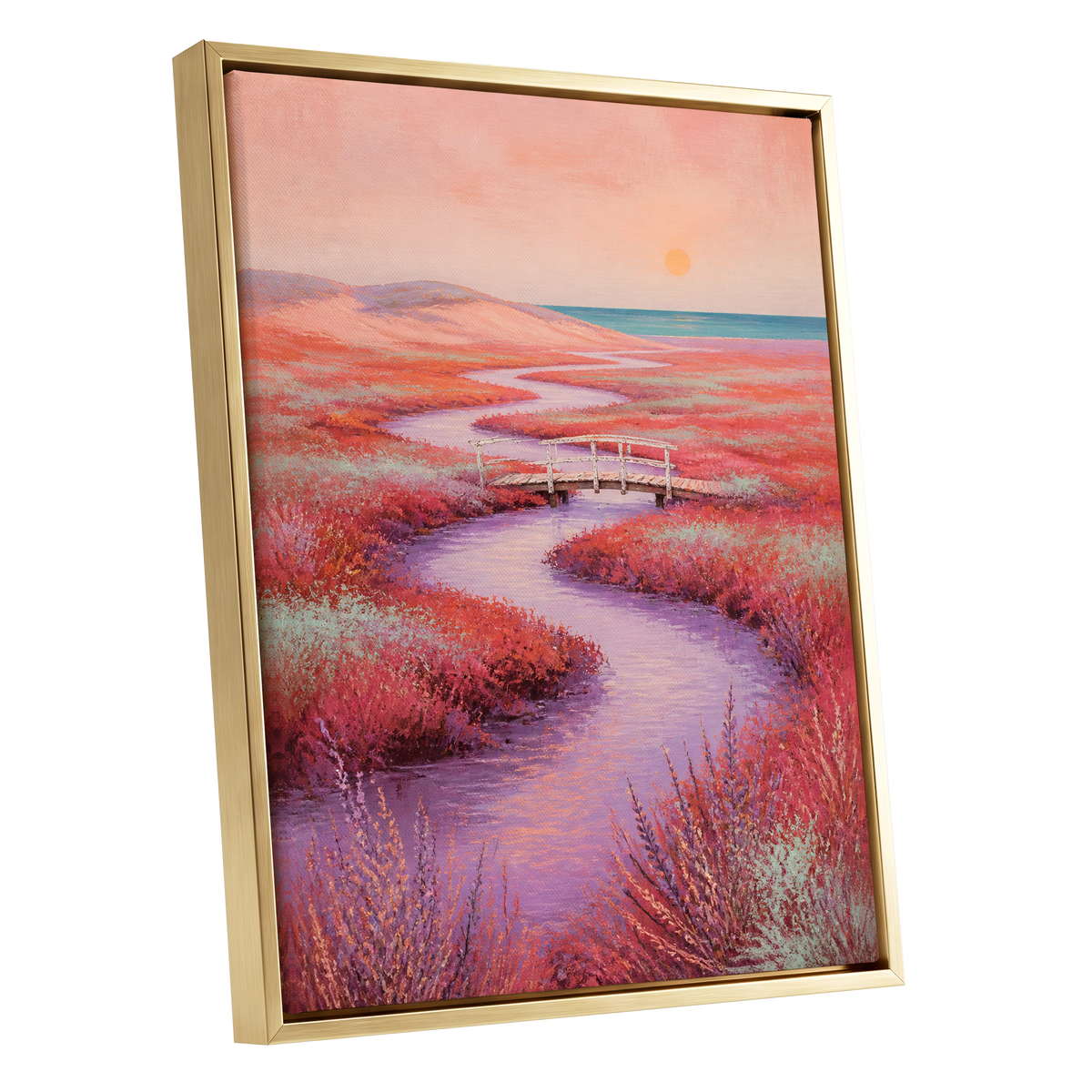 Coral Tide Crossing, pink, purple, orange nature wall art shown as a gold framed canvas wall art