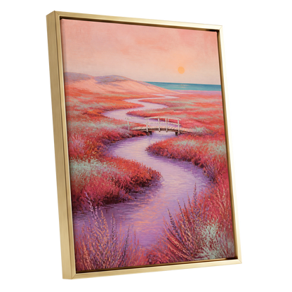 Coral Tide Crossing, pink, purple, orange nature wall art shown as a gold framed canvas wall art