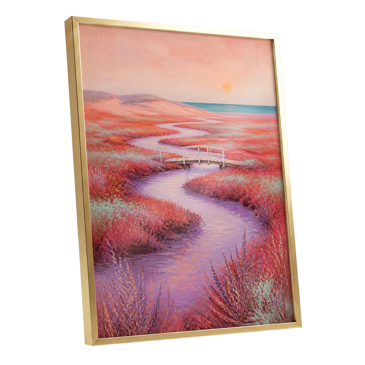 Coral Tide Crossing, pink, purple, orange nature wall art shown as a gold framed poster wall art print