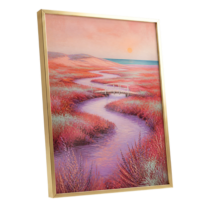 Coral Tide Crossing, pink, purple, orange nature wall art shown as a gold framed poster wall art print
