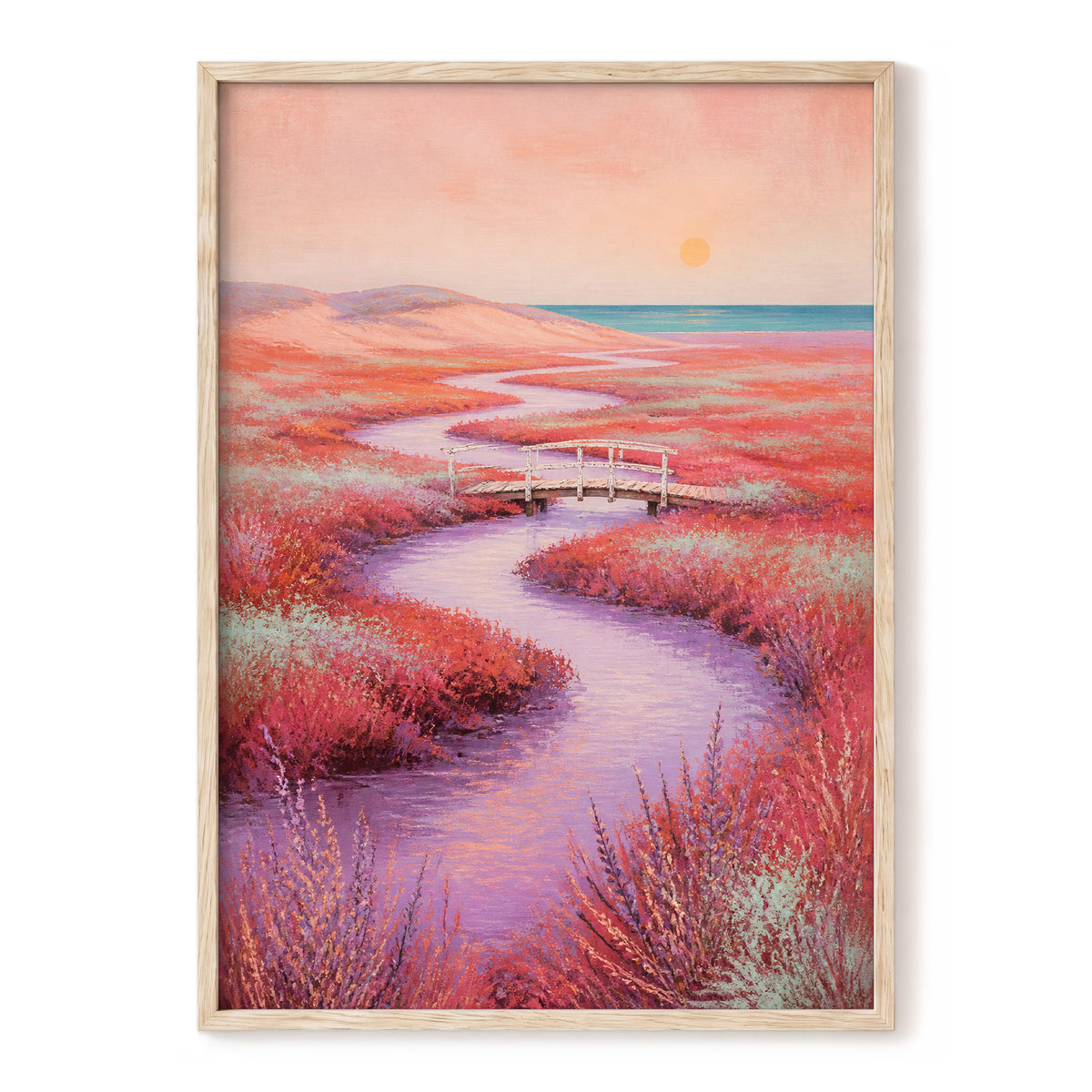 Coral Tide Crossing, pink, purple, orange nature wall art, front artwork view