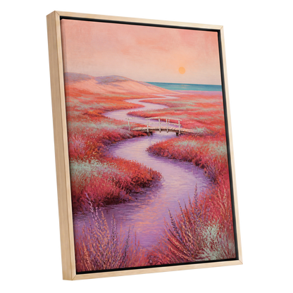 Coral Tide Crossing, pink, purple, orange nature wall art shown as a oak framed canvas wall art