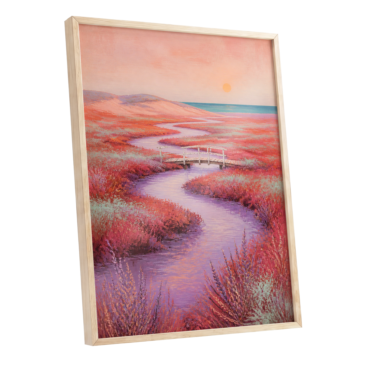 Coral Tide Crossing, pink, purple, orange nature wall art shown as a oak framed poster wall art print