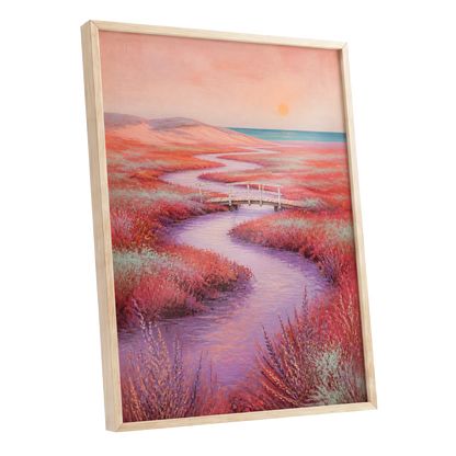 Coral Tide Crossing, pink, purple, orange nature wall art shown as a oak framed poster wall art print