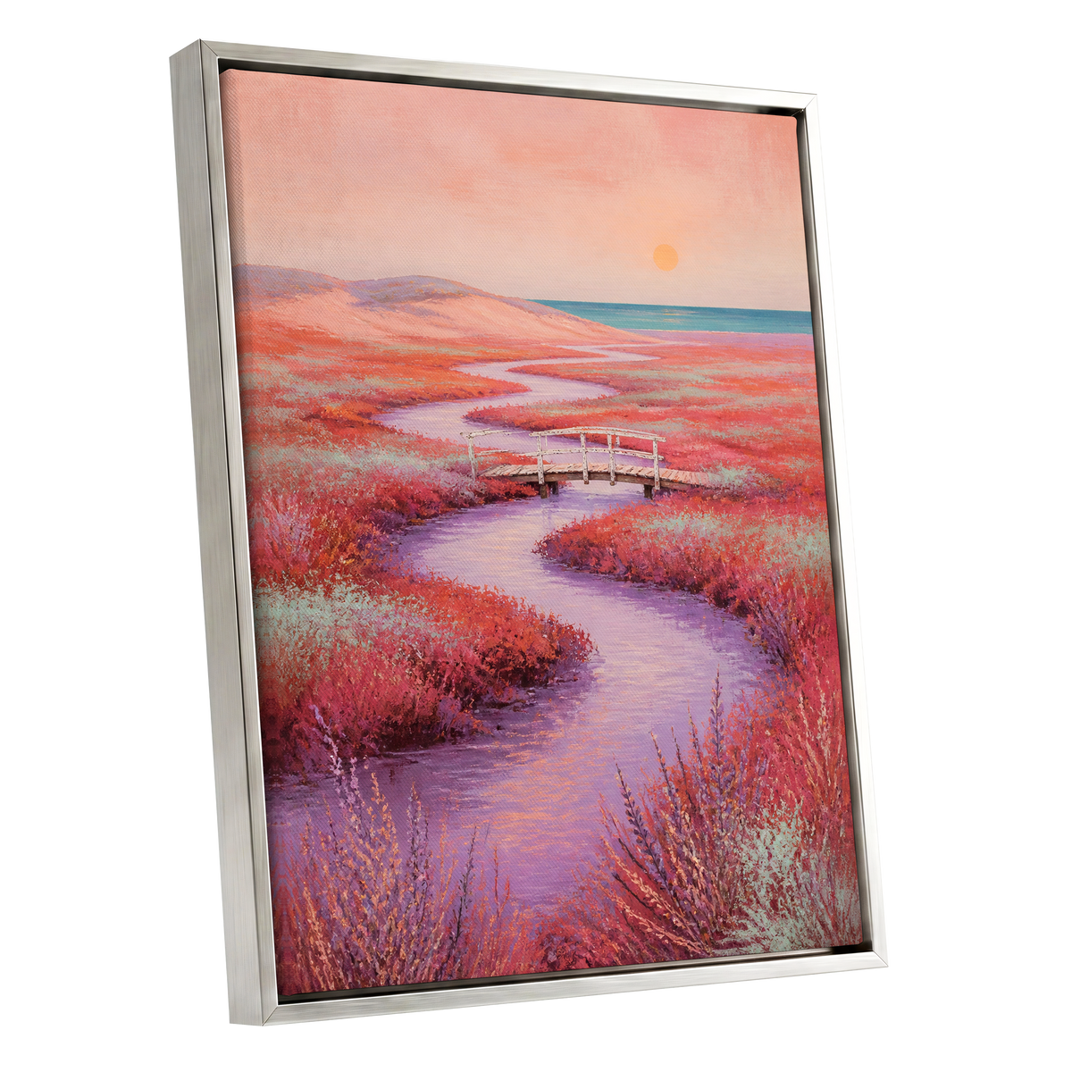 Coral Tide Crossing, pink, purple, orange nature wall art shown as a silver framed canvas wall art