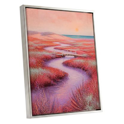 Coral Tide Crossing, pink, purple, orange nature wall art shown as a silver framed canvas wall art