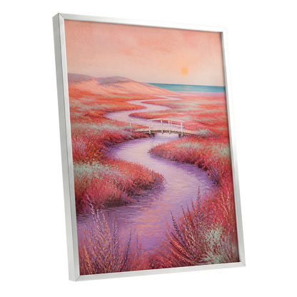 Coral Tide Crossing, pink, purple, orange nature wall art shown as a silver framed poster wall art print