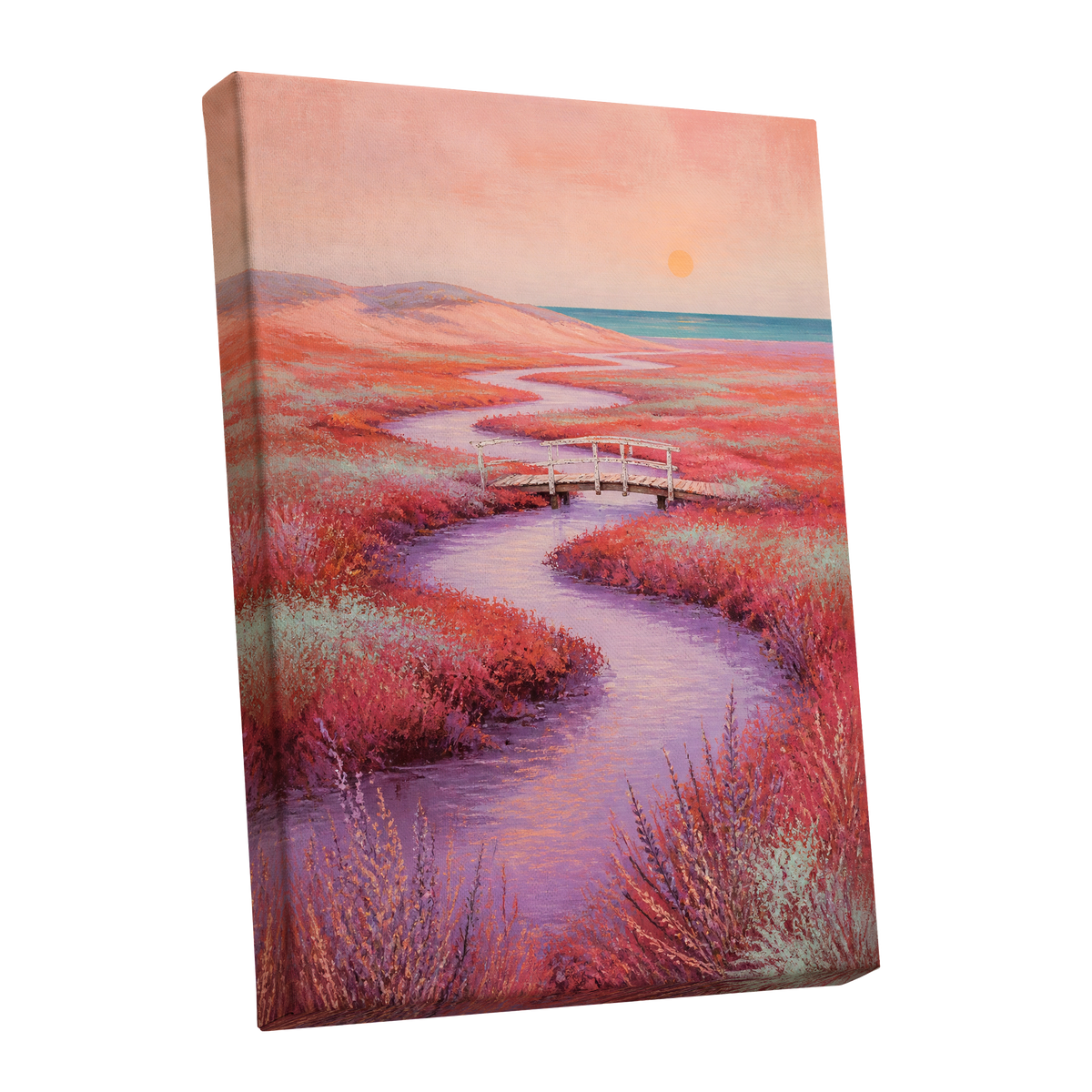 Coral Tide Crossing, pink, purple, orange nature wall art shown as a stretched canvas wall art