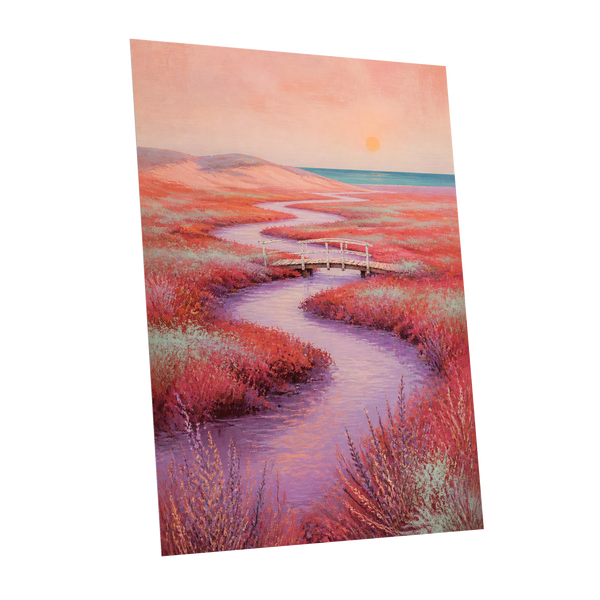 Coral Tide Crossing, pink, purple, orange nature wall art shown as a unframed poster wall art print