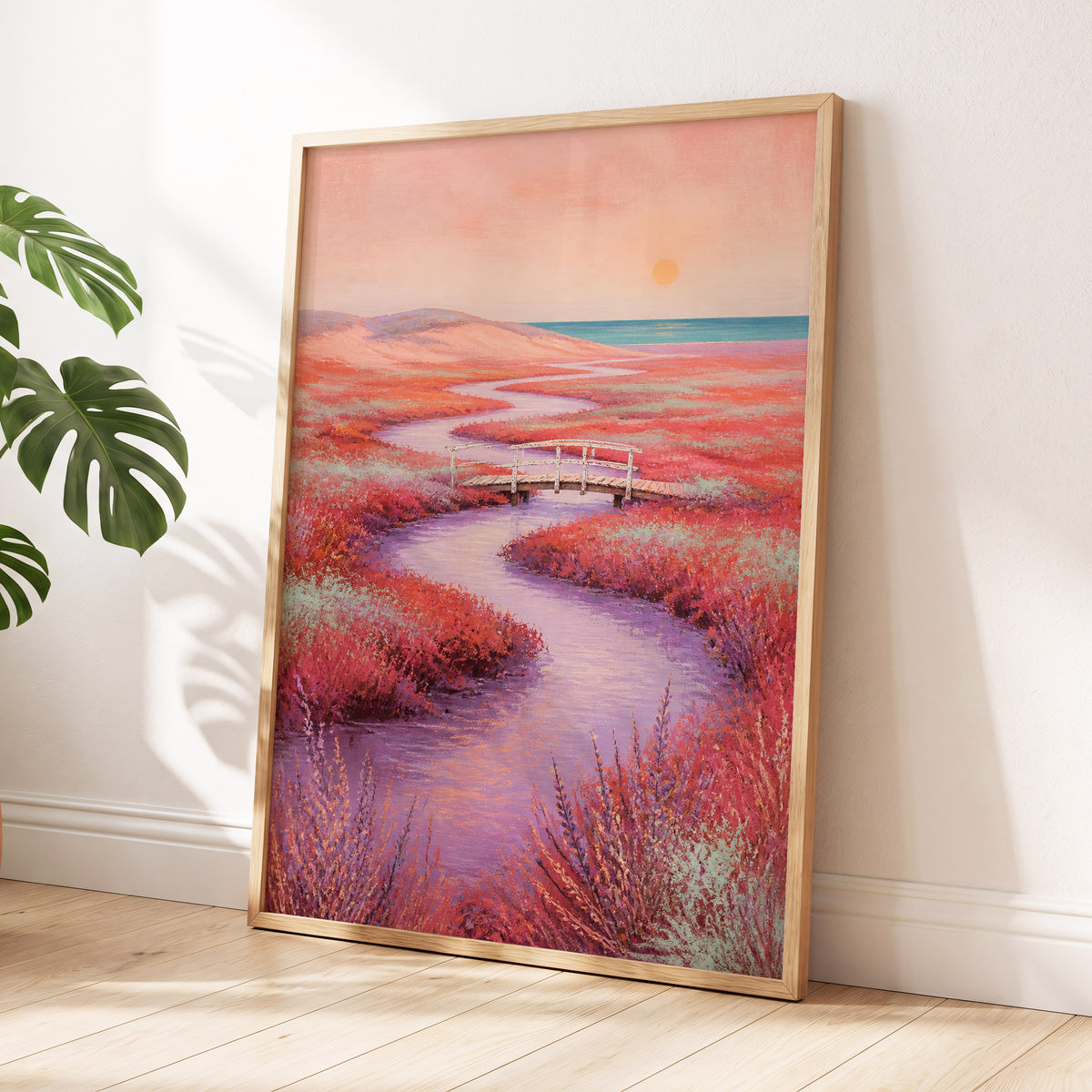 Coral Tide Crossing, pink, purple, orange nature wall art displayed in a styled interior, gallery view 2