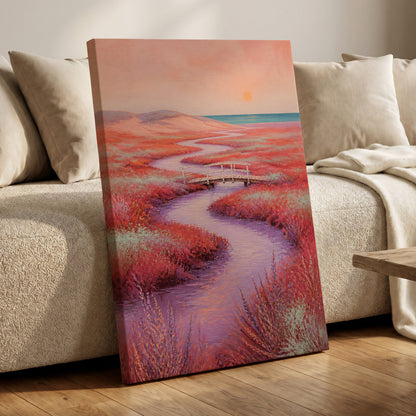 Coral Tide Crossing, pink, purple, orange nature wall art displayed in a styled interior, gallery view 3