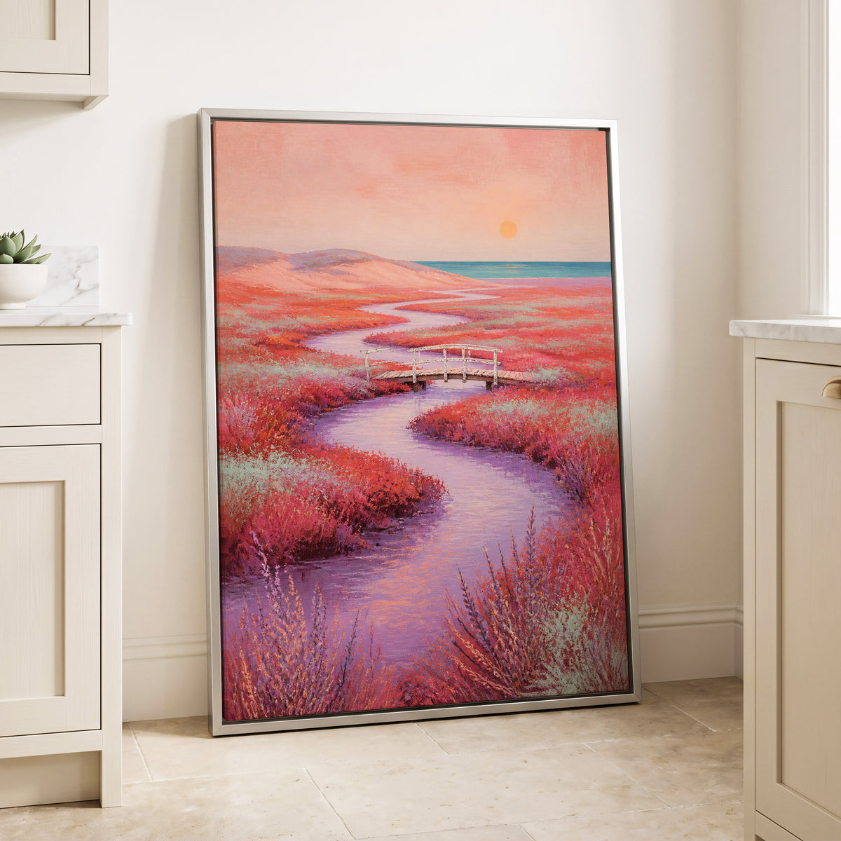 Coral Tide Crossing, pink, purple, orange nature wall art displayed in a styled interior, gallery view 4
