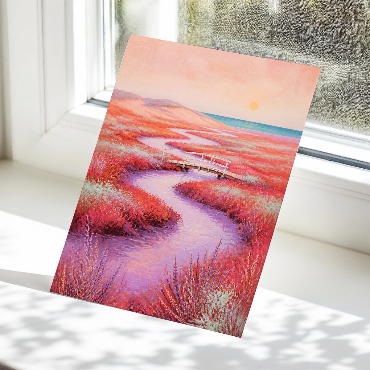 Coral Tide Crossing, pink, purple, orange nature wall art displayed in a styled interior, gallery view 5