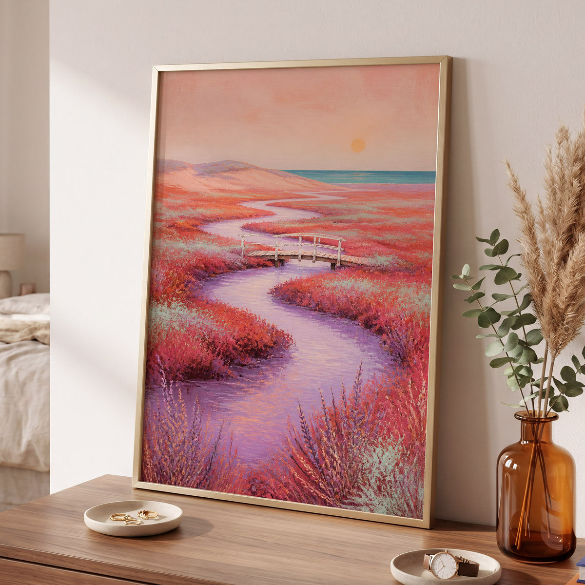 Coral Tide Crossing, pink, purple, orange nature wall art displayed in a styled interior, gallery view 6