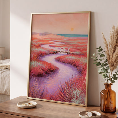 Coral Tide Crossing, pink, purple, orange nature wall art displayed in a styled interior, gallery view 6
