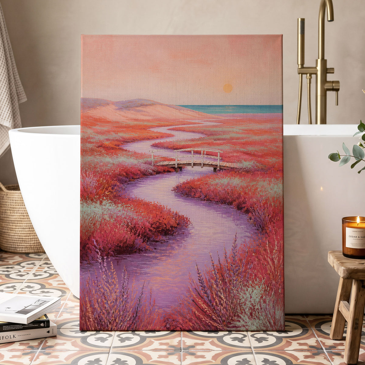 Coral Tide Crossing, pink, purple, orange nature wall art displayed in a styled interior, gallery view 7
