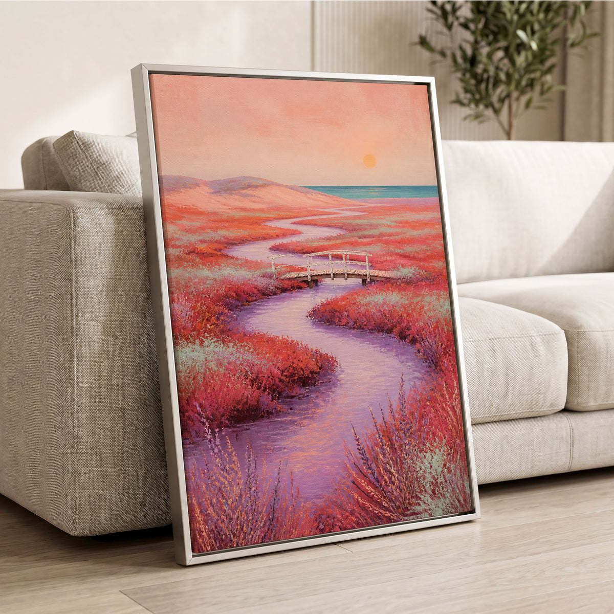 Coral Tide Crossing, pink, purple, orange nature wall art displayed in a styled interior, gallery view 8