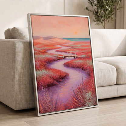 Coral Tide Crossing, pink, purple, orange nature wall art displayed in a styled interior, gallery view 8