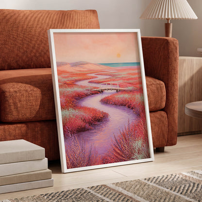 Coral Tide Crossing, pink, purple, orange nature wall art displayed in a styled interior, gallery view 9