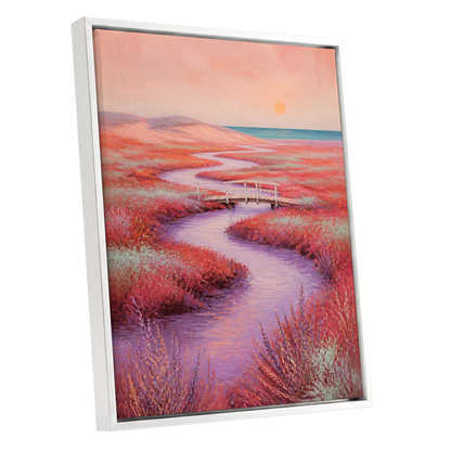 Coral Tide Crossing, pink, purple, orange nature wall art shown as a white framed canvas wall art