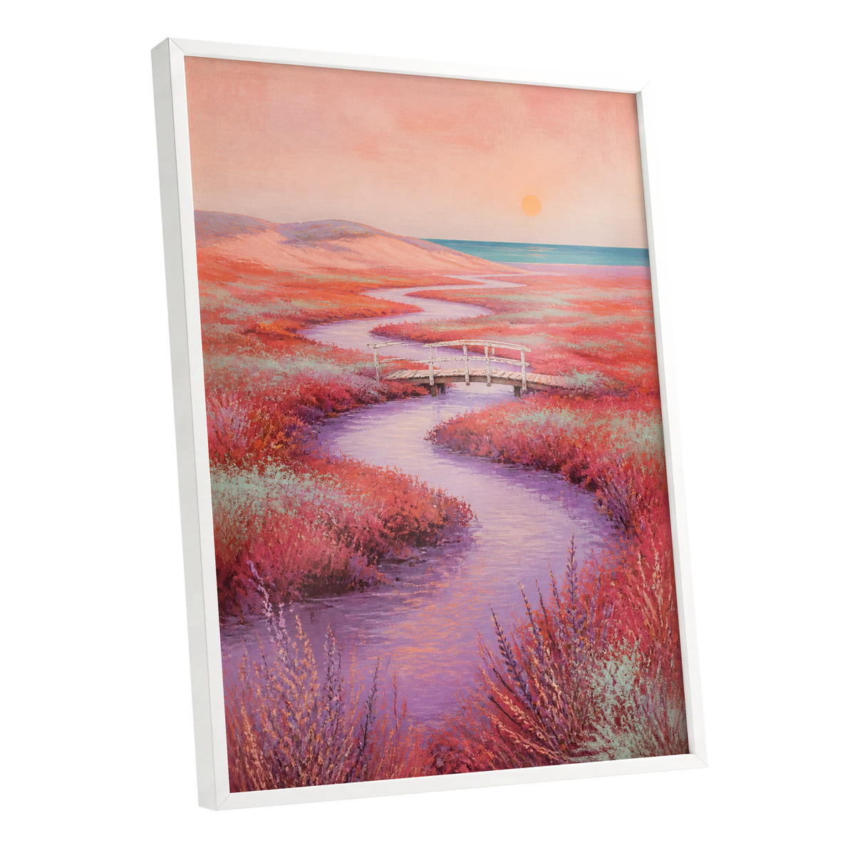 Coral Tide Crossing, pink, purple, orange nature wall art shown as a white framed poster wall art print