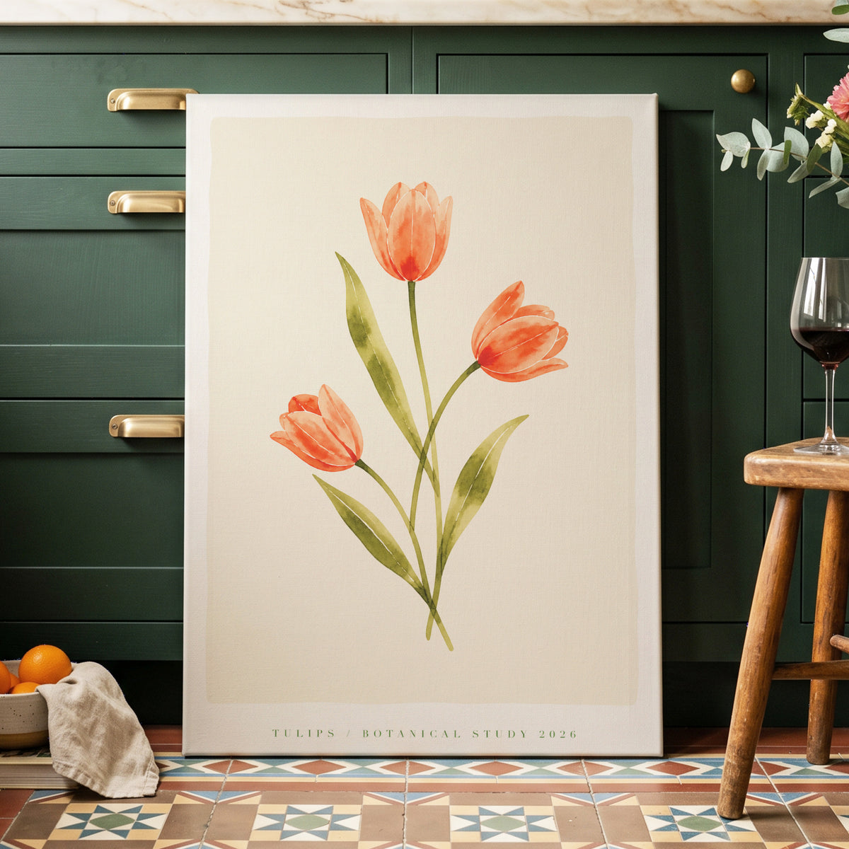 Coral Tulip Study, orange, green, beige floral wall art on canvas displayed in a styled interior, gallery view 1