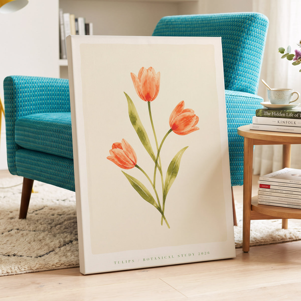 Coral Tulip Study, orange, green, beige floral wall art on canvas displayed in a styled interior, gallery view 2
