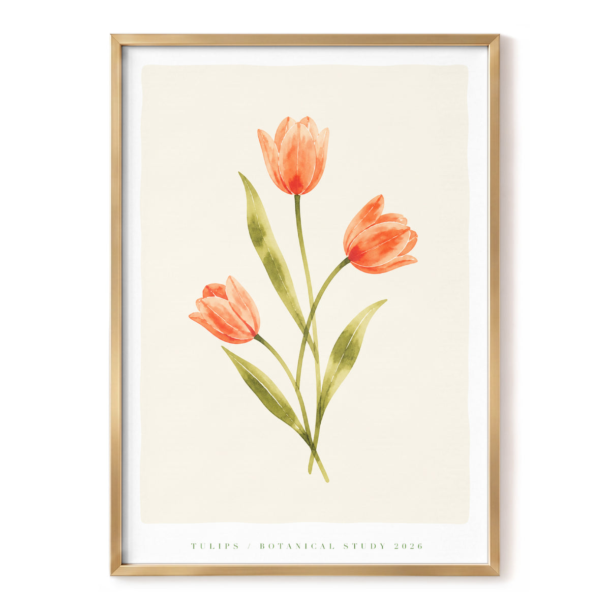 Coral Tulip Study, orange, green, beige floral wall art, front artwork view