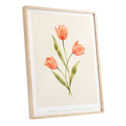 Coral Tulip Study, orange, green, beige floral wall art shown as a oak framed poster wall art print