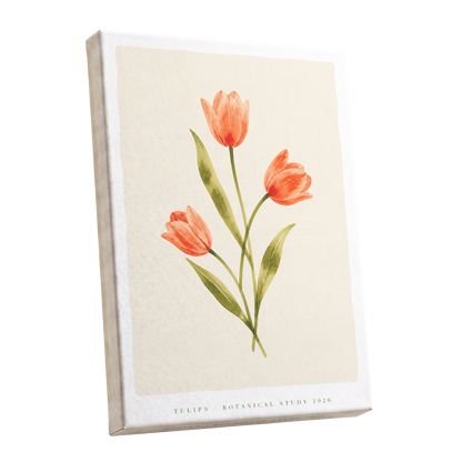 Coral Tulip Study, orange, green, beige floral wall art shown as a stretched canvas wall art