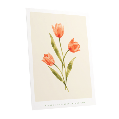 Coral Tulip Study, orange, green, beige floral wall art shown as a unframed poster wall art print