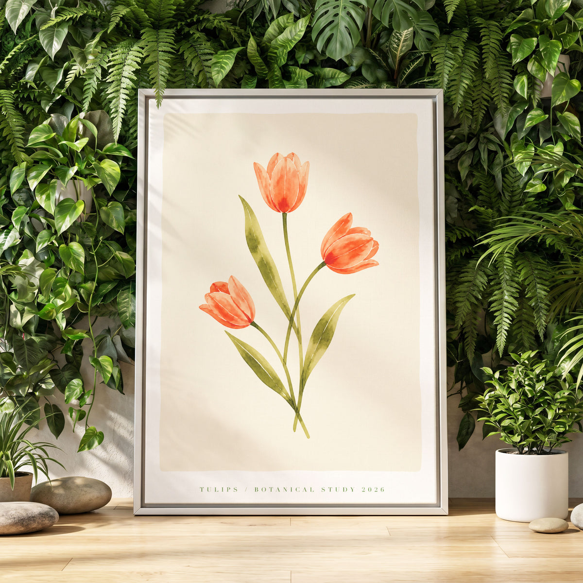 Coral Tulip Study, orange, green, beige floral wall art displayed in a styled interior, gallery view 1