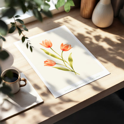Coral Tulip Study, orange, green, beige floral wall art displayed in a styled interior, gallery view 2