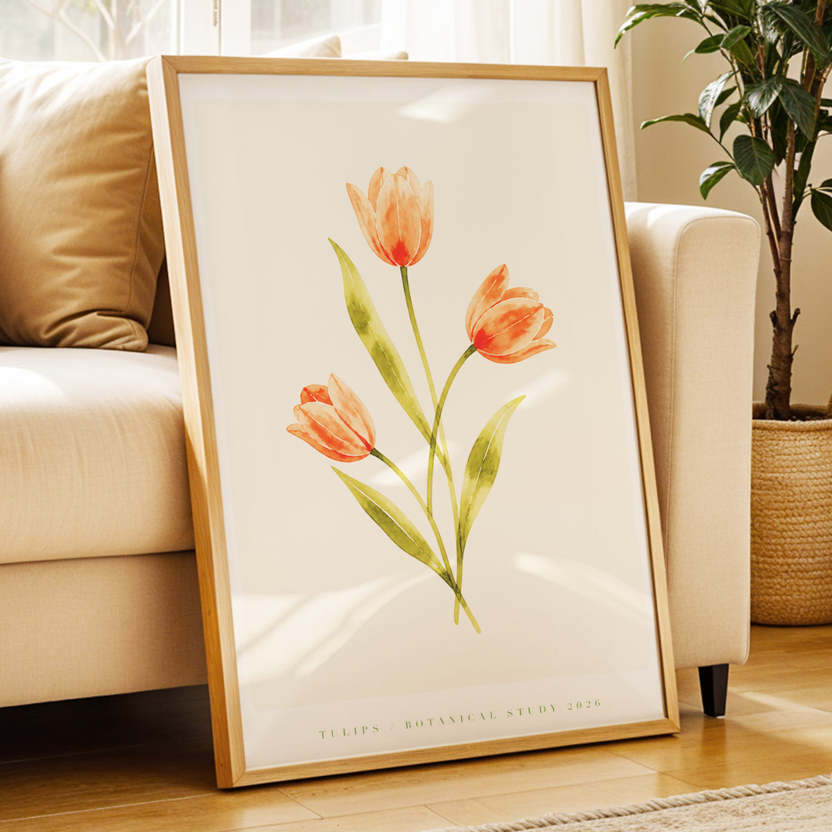 Coral Tulip Study, orange, green, beige floral wall art displayed in a styled interior, gallery view 3