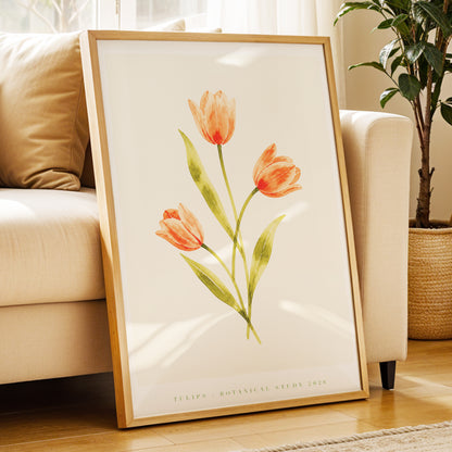 Coral Tulip Study, orange, green, beige floral wall art displayed in a styled interior, gallery view 3