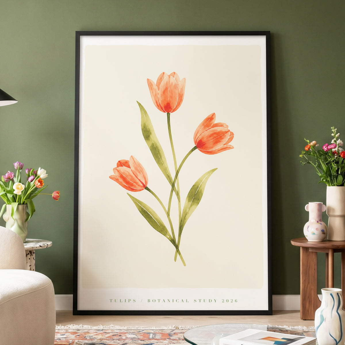 Coral Tulip Study, orange, green, beige floral wall art displayed in a styled interior, gallery view 4
