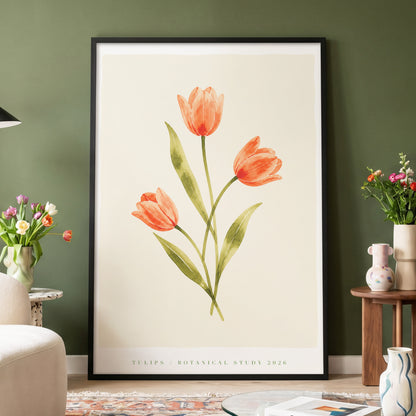 Coral Tulip Study, orange, green, beige floral wall art displayed in a styled interior, gallery view 4