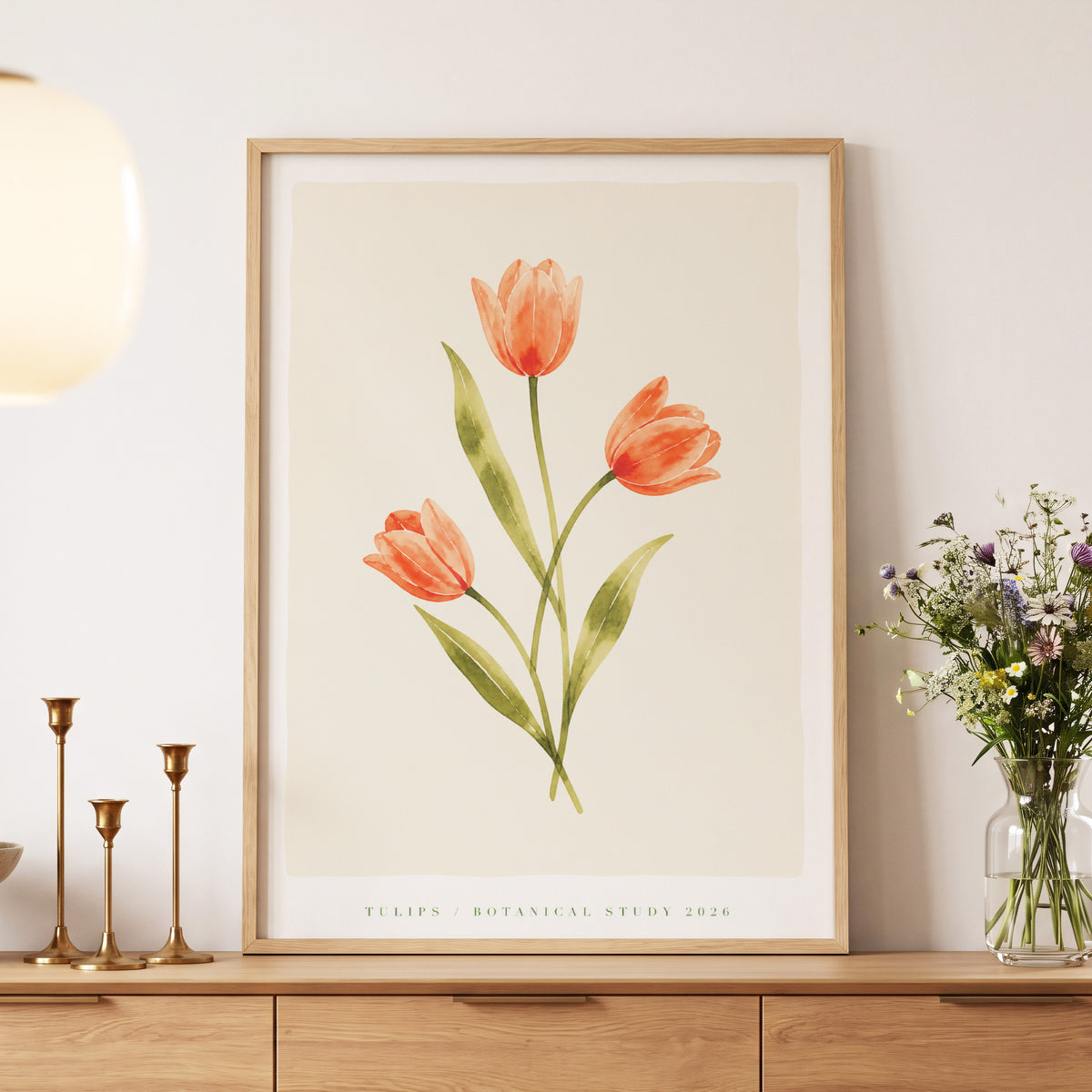 Coral Tulip Study, orange, green, beige floral wall art displayed in a styled interior, gallery view 5
