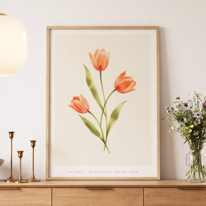 Coral Tulip Study, orange, green, beige floral wall art displayed in a styled interior, gallery view 5