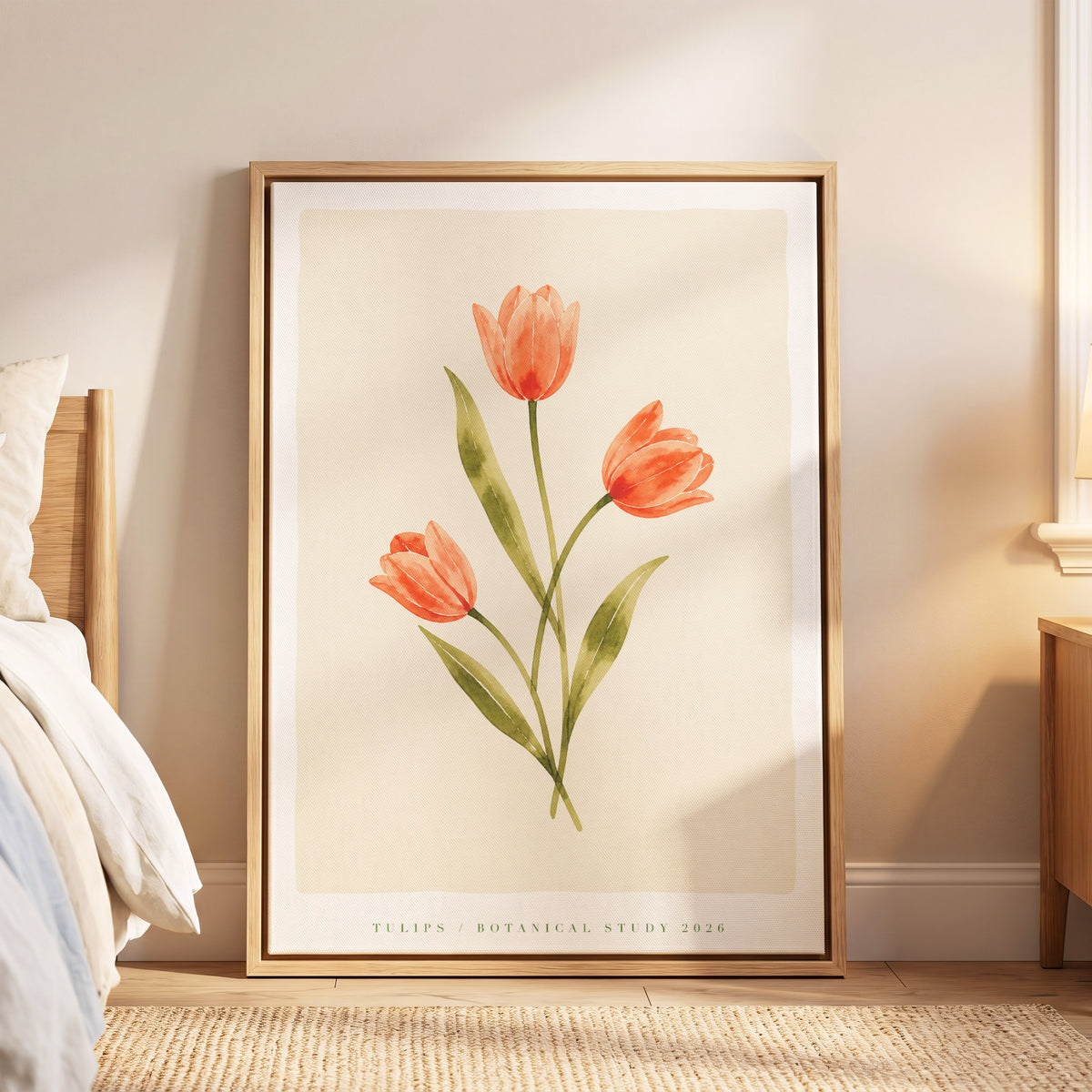 Coral Tulip Study, orange, green, beige floral wall art displayed in a styled interior, gallery view 6
