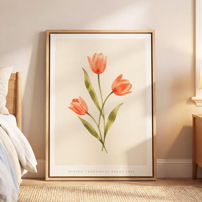 Coral Tulip Study, orange, green, beige floral wall art displayed in a styled interior, gallery view 6