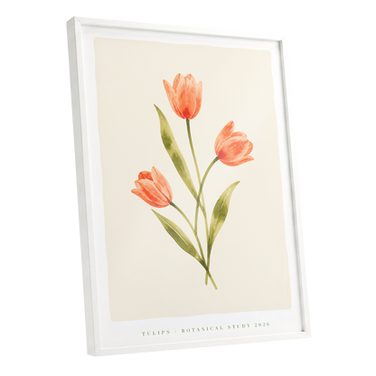 Coral Tulip Study, orange, green, beige floral wall art shown as a white framed poster wall art print