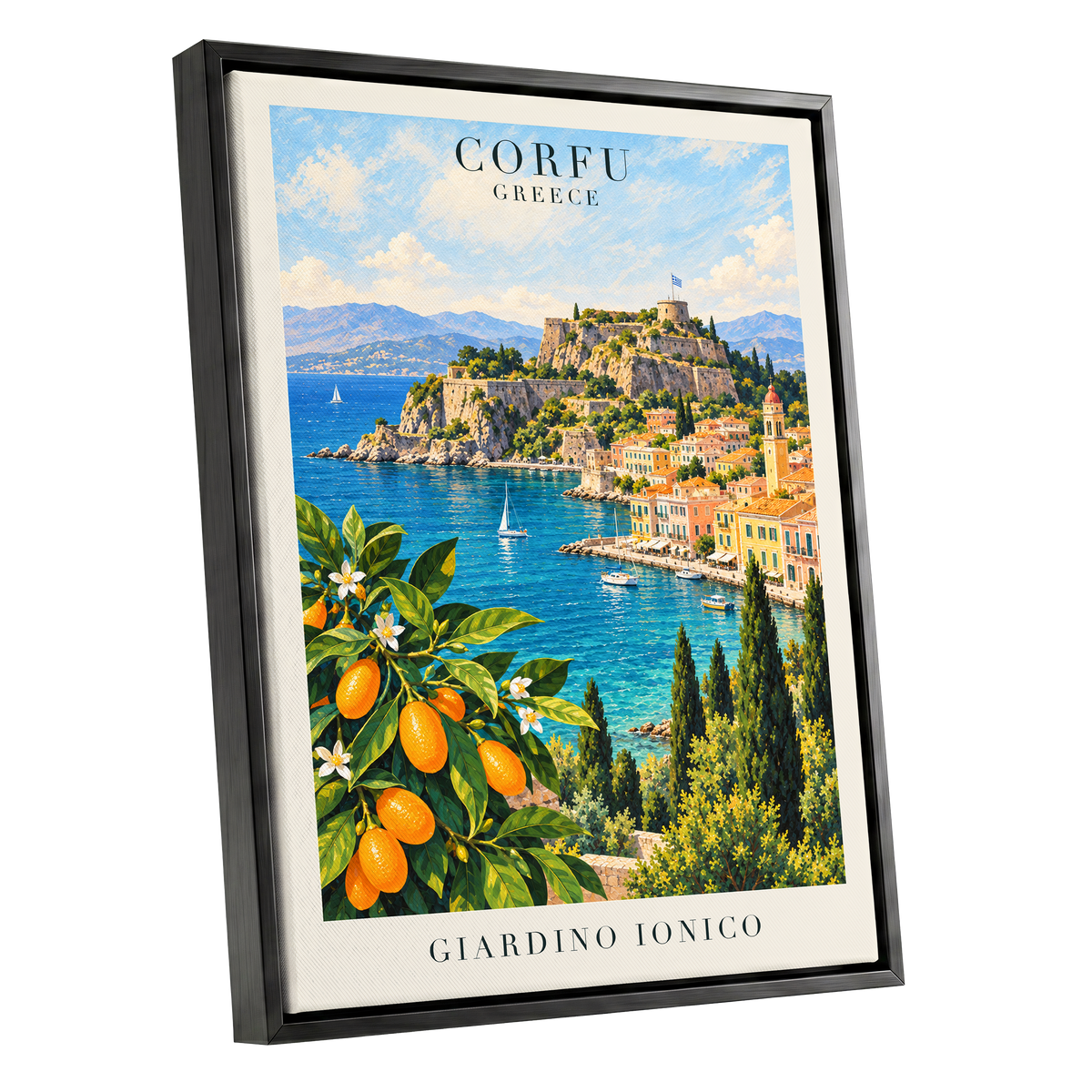 Corfu Citrus Cove, blue, green, orange nature wall art shown as a black framed canvas wall art