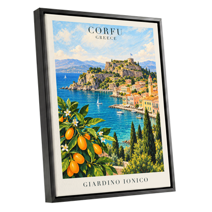 Corfu Citrus Cove, blue, green, orange nature wall art shown as a black framed canvas wall art