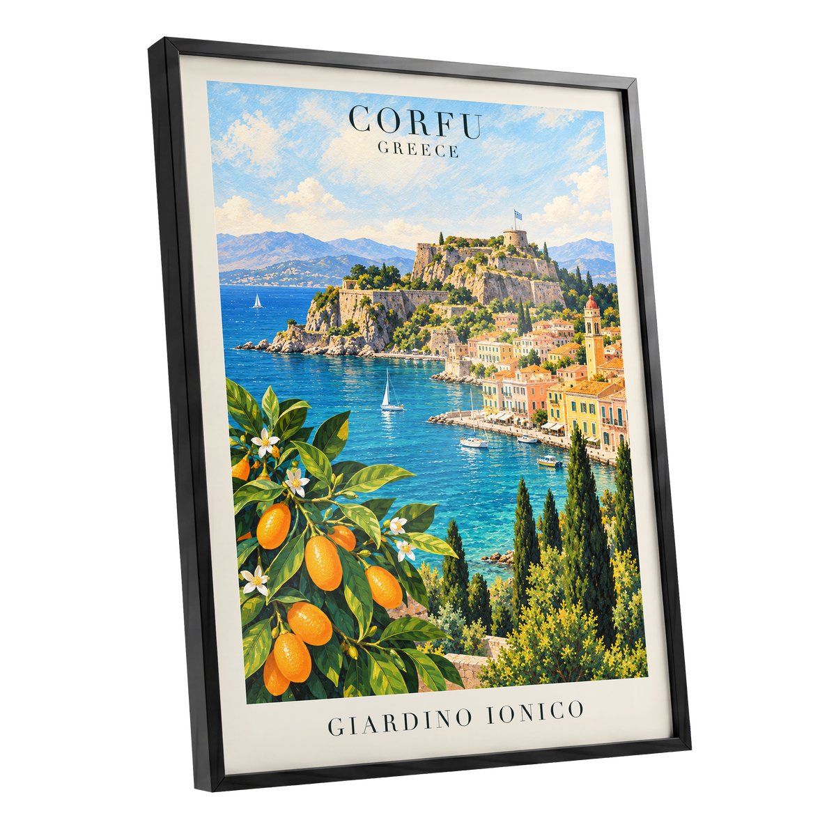 Corfu Citrus Cove, blue, green, orange nature wall art shown as a black framed poster wall art print
