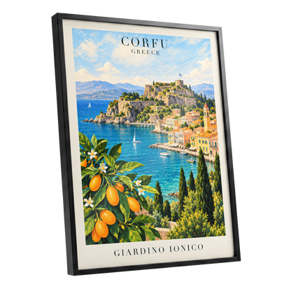 Corfu Citrus Cove, blue, green, orange nature wall art shown as a black framed poster wall art print